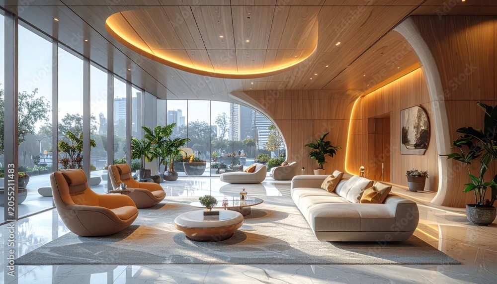 Fototapeta premium Modern Luxury Lobby with Organic Design, Natural Light, and Lush Plants