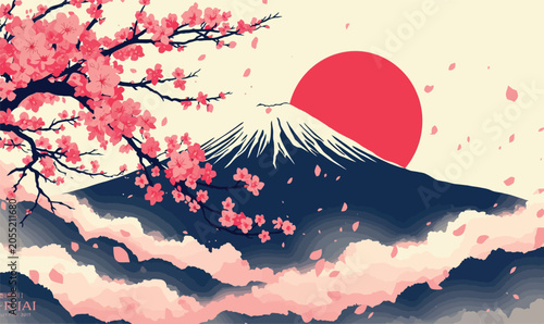 Beautiful Japanese Landscape Vector Illustration Featuring Mount Fuji with Snow Peak, a Large Red Rising Sun, and Blooming Cherry Blossom Sakura Branches with Falling Pink Petals Background.
