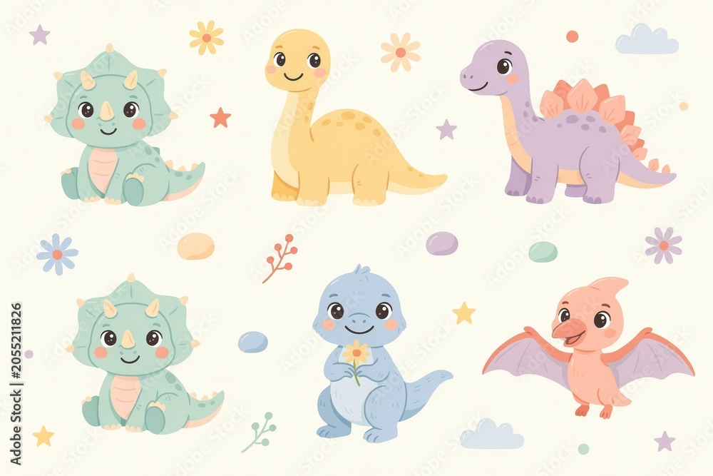 Fototapeta premium Set of cute cartoon dinosaurs including a triceratops, a brachiosaurus, a stegosaurus, and a pterodactyl on a light cream background, for kids