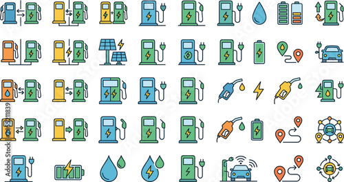Photos Electric vehicle charging and hybrid fuel station line icon set featuring green