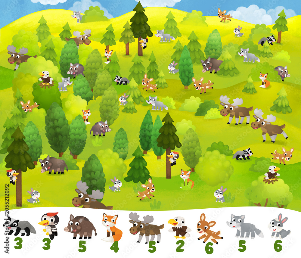 Fototapeta premium cartoon fun scene different forest animals friends in forest game of spotting elements illustration for children