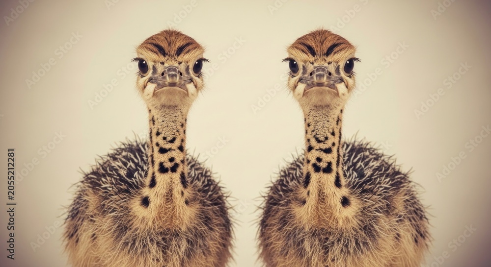 Fototapeta premium Two Adorable Baby Ostrich Chicks Facing Forward.