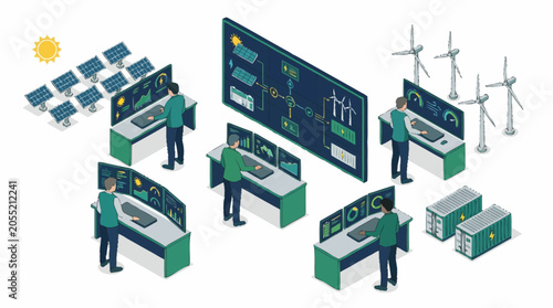 Renewable Energy Control Center with Solar Panels and Wind Turbines.
