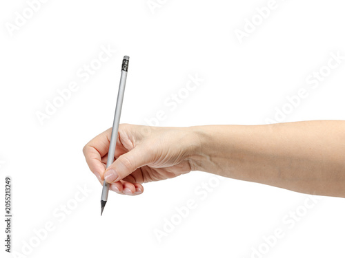 Woman's hand holding a gray pencil on the white background.