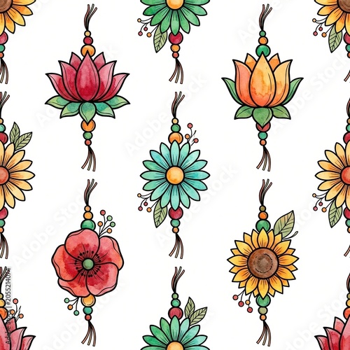 Seamless watercolor rakhi pattern design with lotus, daisy, poppy and sunflower hanging charms, beaded tassel strings, bold black outline on clean white festive fabric background for gift wrap