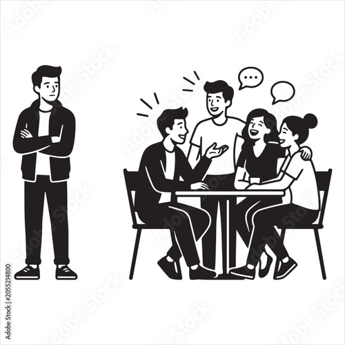 Social exclusion and anxiety vector illustration of a lonely young man isolated from a group of talking friends at a table on white background.