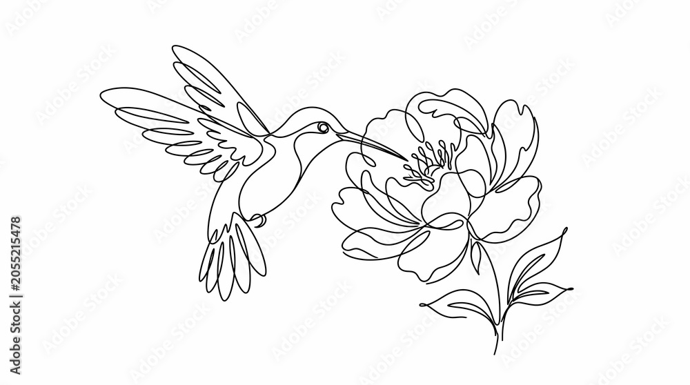 Fototapeta premium Continuous single line drawing of hummingbird and blooming flower