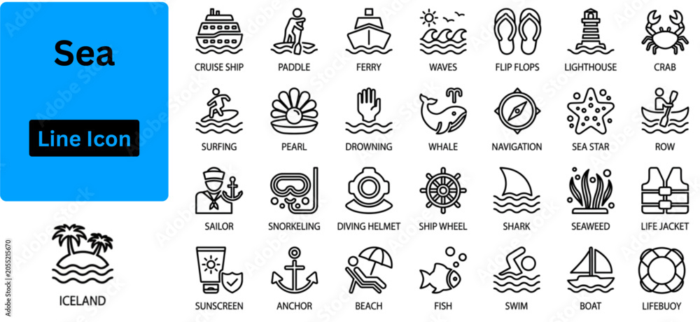 Fototapeta premium Line art vector of Sea icon set. Sea outline icon set. Marine and ocean vacation icon set with nautical sailing boats scuba diving gear sea animals and tropical beach travel elements