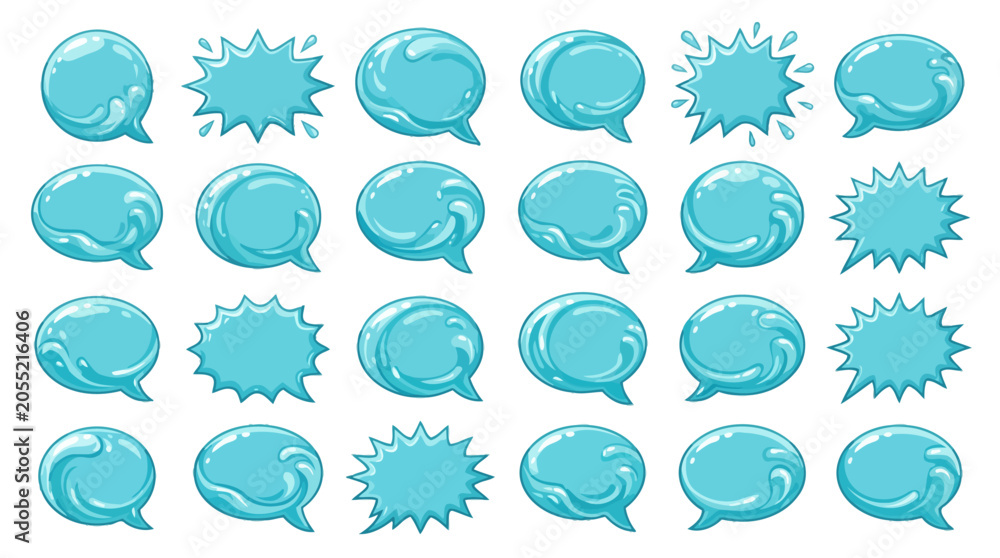 Fototapeta premium Collection of blue speech bubbles and thought bubbles in various shapes.