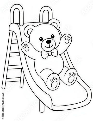 Cute Teddy Bear playing on a slide Coloring Page for Children	