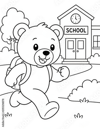 Cute Teddy Bear walking to school Coloring Page for Children	
