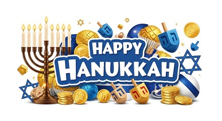 Happy Hanukkah celebration with menorah, dreidel, gelt, and festive decorations on blue background