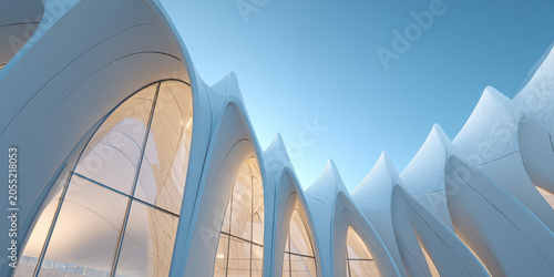 Futuristic White Architectural Design with Soaring Curves Against Blue Sky