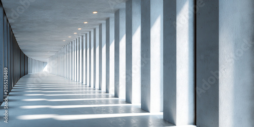 Long concrete hallway with rhythmic vertical pillars and dramatic shadows.