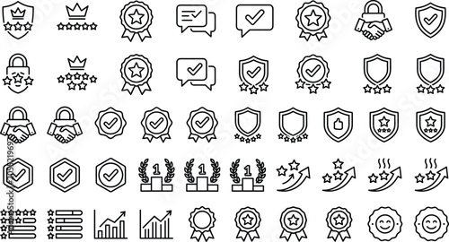 Schilderij op canvas Trust and security guarantee line icon set featuring quality badges shields cert