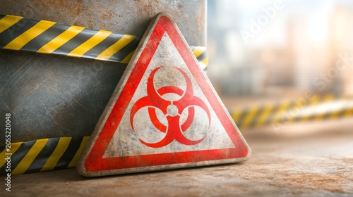 Hazard Sign with Biohazard Symbols and Caution Tape in Industrial Setting