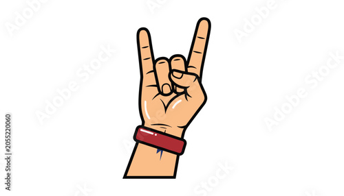 Human hand makes the classic rock on sign or devil horns gesture with a red wristband against a white background.