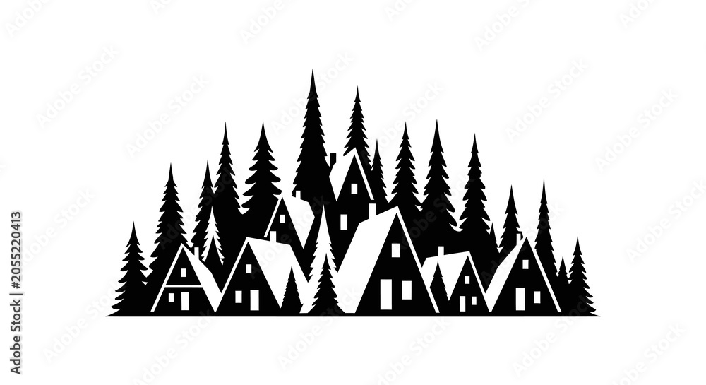 Obraz premium Forest and houses silhouette against a white background
