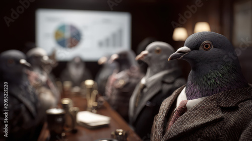 Cinematic Group of Pigeons Wearing Professional Business Suits in a Meeting.