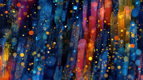 Vibrant Digital Data Pillars with Glowing Particles and Abstract Light Streams