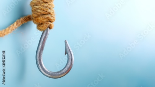 Metal fish hook with rope and blue background for fishing theme