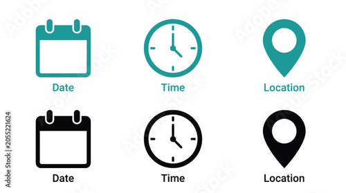 Set of flat vector icons representing calendar date clock time and map location pin symbols