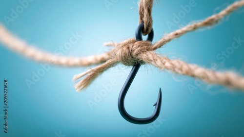 Close-up of Sharp Fishing Hook Pierced in Taut Rope with Blue Background