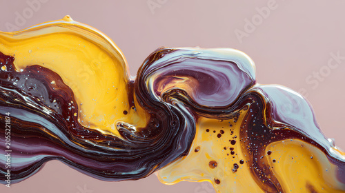 Abstract Swirling Paint Droplets in Yellow Brown Light Blue