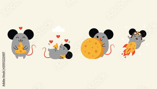 Fabulous collection of four cute cartoon gray mice playing with and eating yellow cheese on a solid cream background.