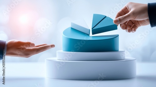 Business Hands Adjusting Blue and White Pie Chart on Tiered Platform