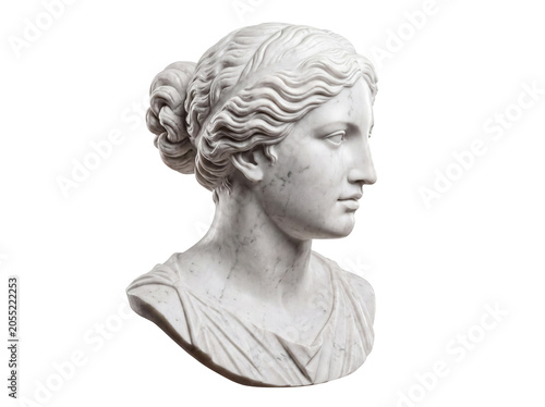 Classical Greek marble bust of a young woman, showcasing an elegant profile with hair styled in an elaborate bun.