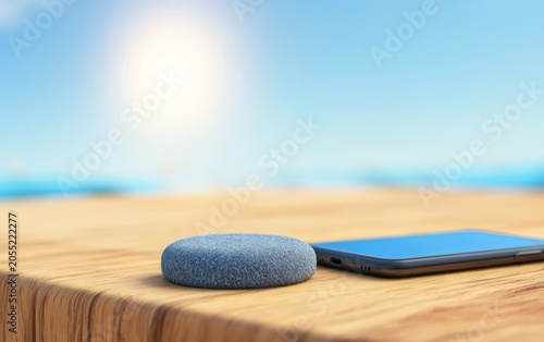 Modern Smart Home Device with Voice Assistant on Wooden Surface