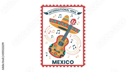International mail postage stamp for Mexico featuring a colorful decorated guitar, a sombrero hat, and music notes.
