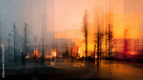 Abstract Digital Art Forest Sunset Landscape with Segmented Colors