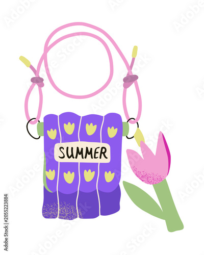 Summer fabric bag with a flower charm. Hand drawn illustration of a groovy accessory. Bright crossbody bag for stickers, scrapbooking and style.