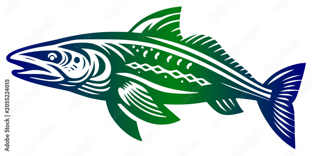 Fototapeta premium Tribal style fish graphic design element for logo.Stylized green and blue fish vector illustration in linocut style.
