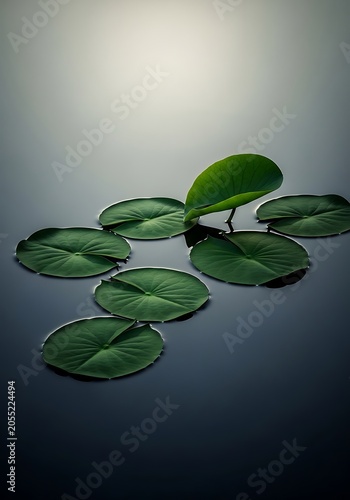 Close-up view of several green lily pads floating peacefully on dark, reflective water with soft lighting.