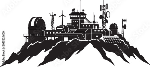 Quadro su tela Research Outpost Vector, Observatory, Communication Towers, Wind Turbine, Solar
