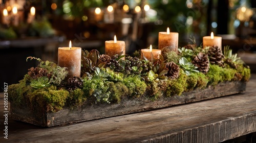 Five lit pillar candles rest in a rustic wooden container filled with moss and greenery.