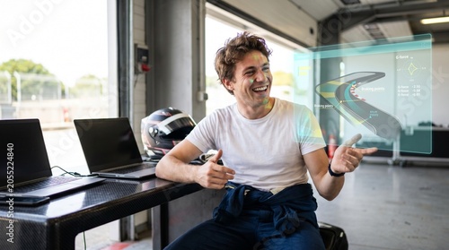 Smiling woman engaging with futuristic holographic data display in ski lodge