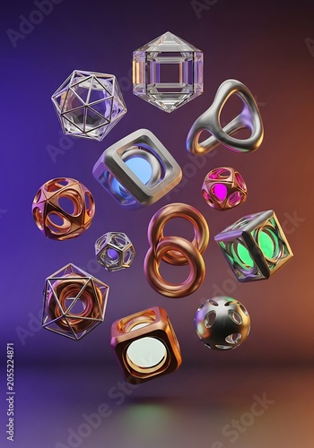 A collection of diverse abstract 3D geometric shapes and objects, rendered with metallic, transparent, and glowing materials, floating against a vibrant gradient background.