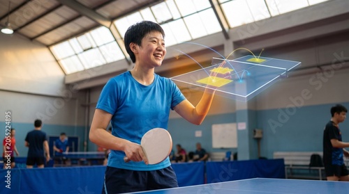 Young Man Playing Table Tennis with Augmented Reality Analysis