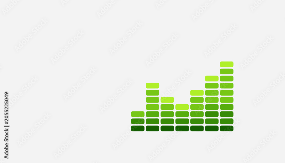 Fototapeta premium Vibrant green graphic equalizer bars illustrating dynamic sound waves and music visualization on a clean, minimalist white background.