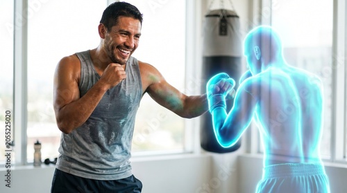 Athletic Man Training Boxing Skills With A Futuristic Digital Hologram Opponent