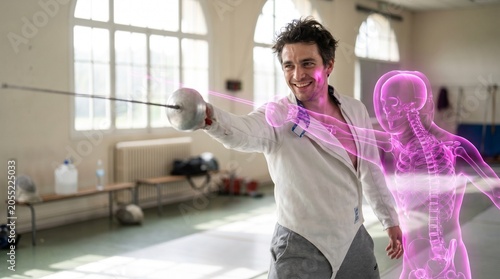 Male Fencer Training with Advanced Human Anatomy Hologram Simulation Technology