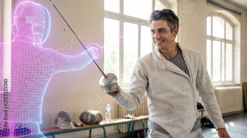 Male fencer smiles while training with a glowing virtual opponent in a modern sports facility