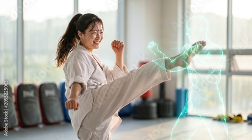 Man smiling while interacting with advanced holographic fitness display in modern gym