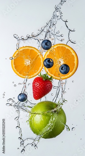 Vibrant fresh fruits, including oranges, blueberries, strawberry, and a green apple, splashing in clear water against a bright background.
