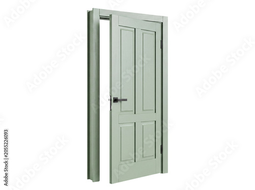 Contemporary interior door, light green, partially open, with classic paneling.
