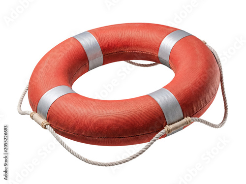 Classic red lifebuoy, a traditional symbol of safety and rescue at sea, with reflective bands and textured rope details.